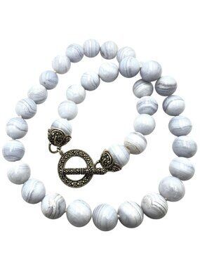 Light Blue Lace Agate Bead Sterling Silver Marcasite Clasp 18 Inch